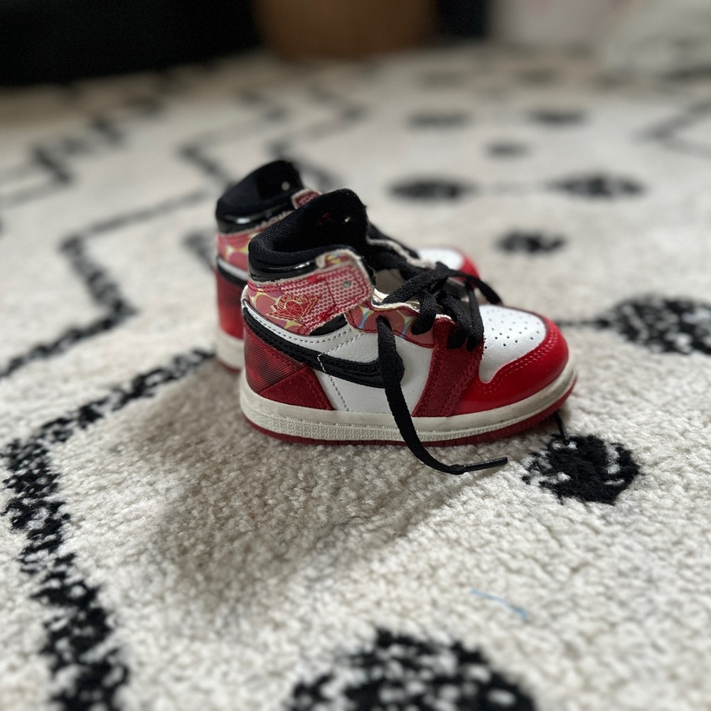 Kids Jordan 1 Spider-Man Red and White High-Top Sneakers